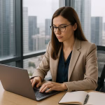 Professional woman focused on work in a modern high-rise corner office with city skyline views.