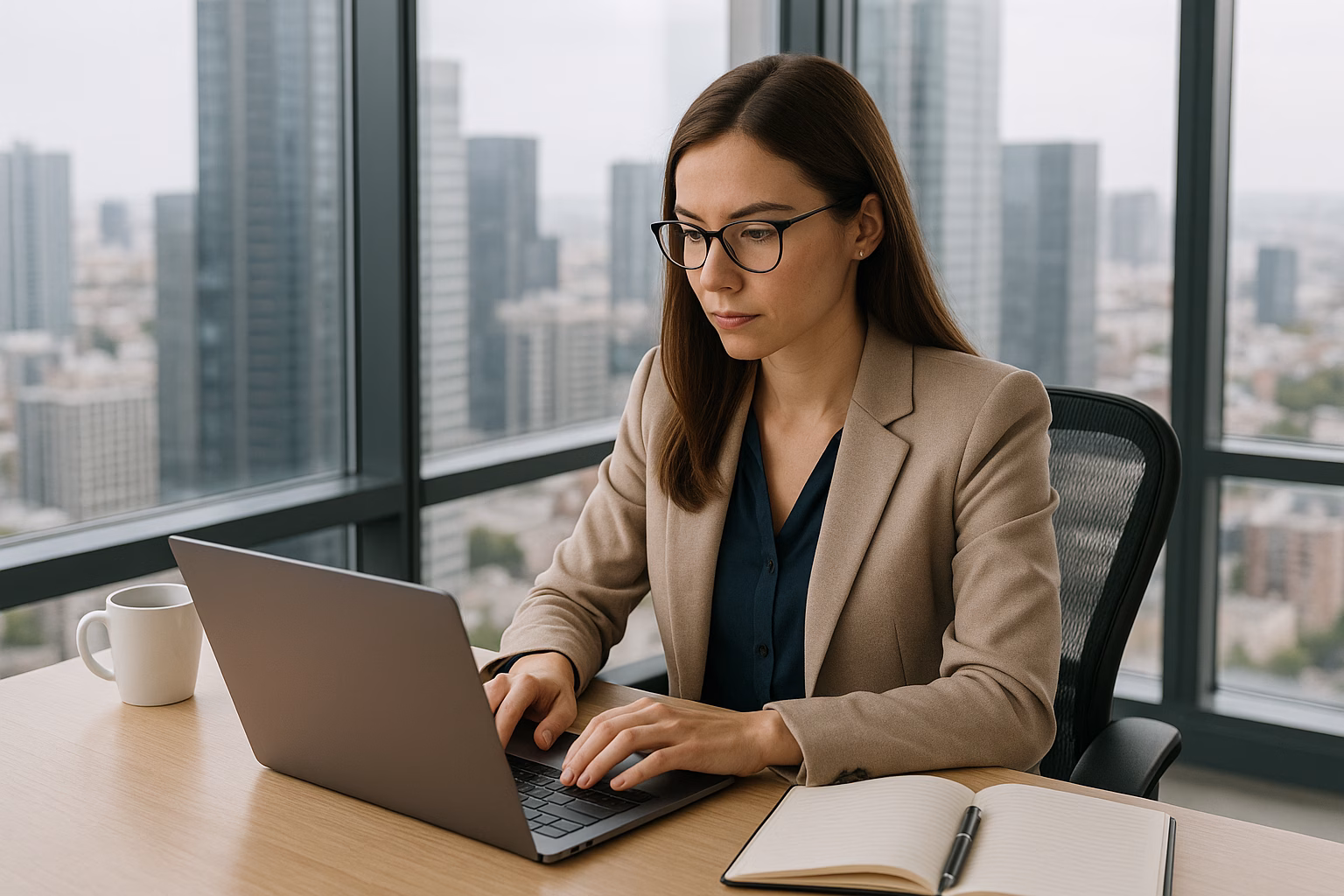 Professional woman focused on work in a modern high-rise corner office with city skyline views.