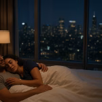 A couple peacefully lying in bed at night in a luxurious high-rise bedroom with a city skyline view, symbolizing restful sleep.
