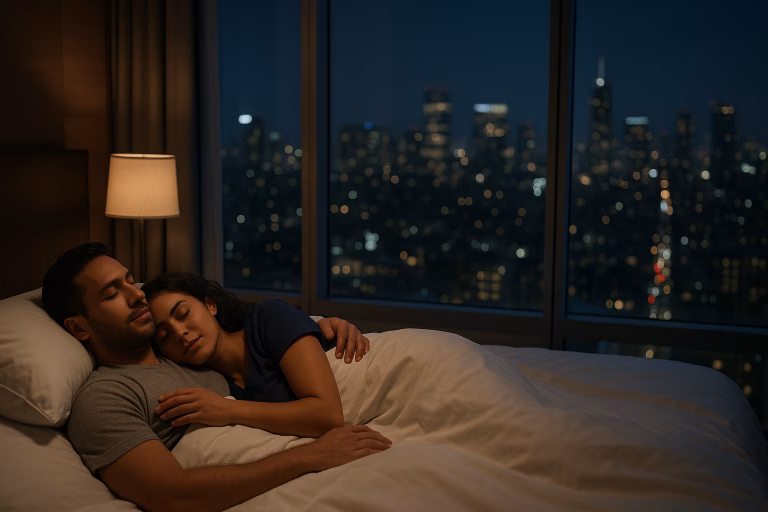 A couple peacefully lying in bed at night in a luxurious high-rise bedroom with a city skyline view, symbolizing restful sleep.