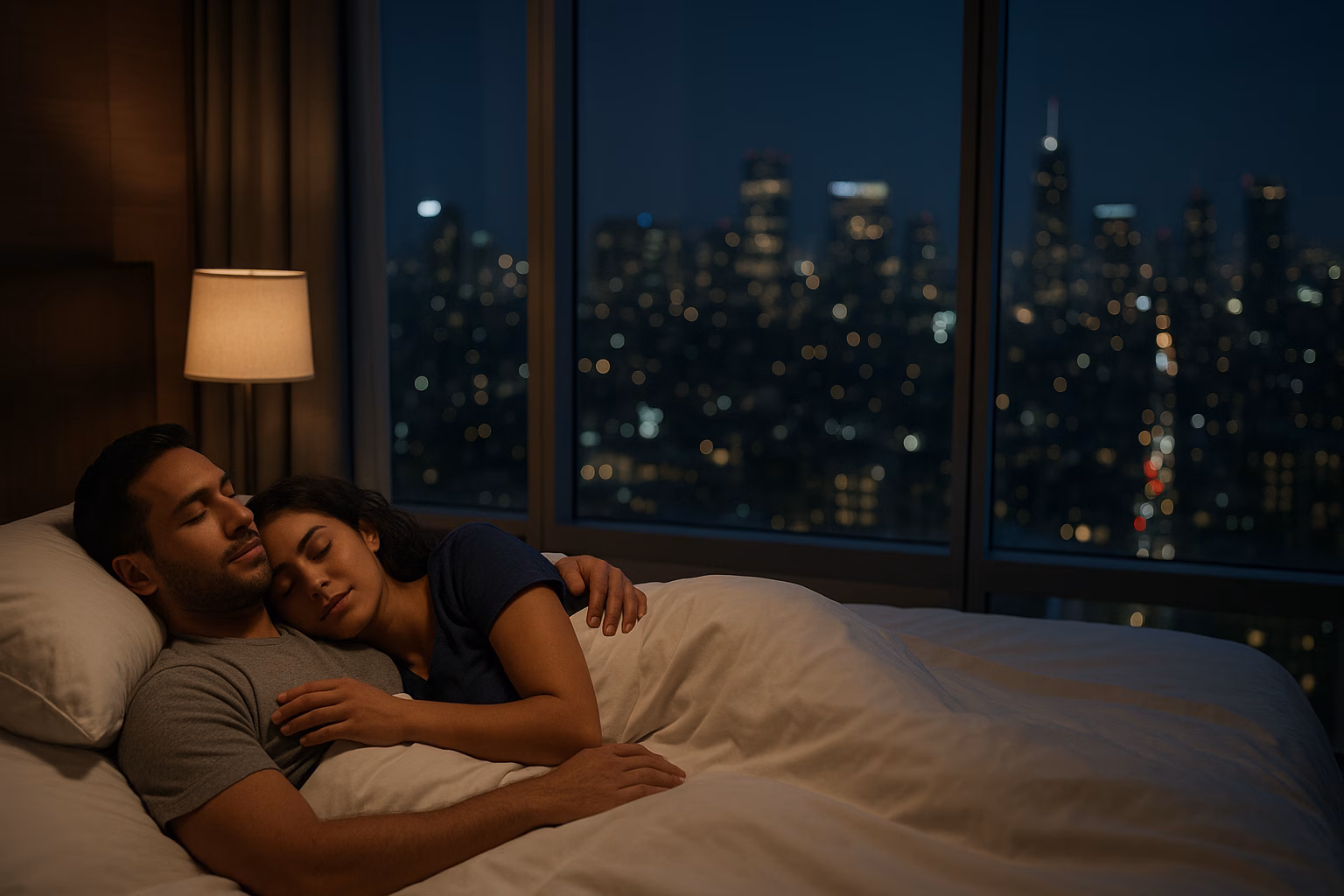A couple peacefully lying in bed at night in a luxurious high-rise bedroom with a city skyline view, symbolizing restful sleep.