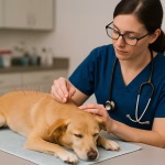 Veterinarian performing acupuncture on a calm golden dog lying on an exam table in a modern veterinary clinic.