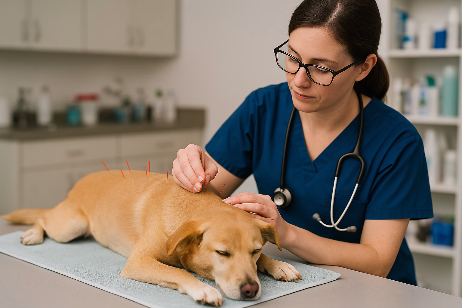 Veterinarian performing acupuncture on a calm golden dog lying on an exam table in a modern veterinary clinic.